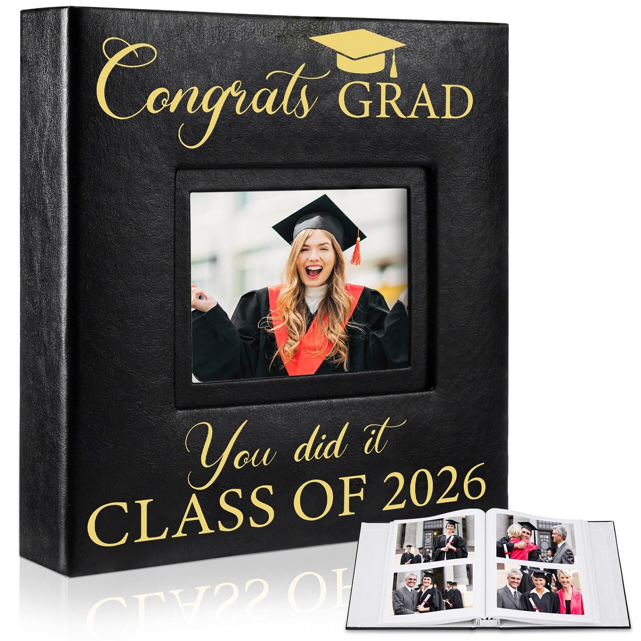 Graduation Photo Album Holds 200 Pcs 4 x 6 Inch Photo 2026 Graduation Leather Album with Front Window Memory Scrapbook for College Graduate Gift (Delicate)